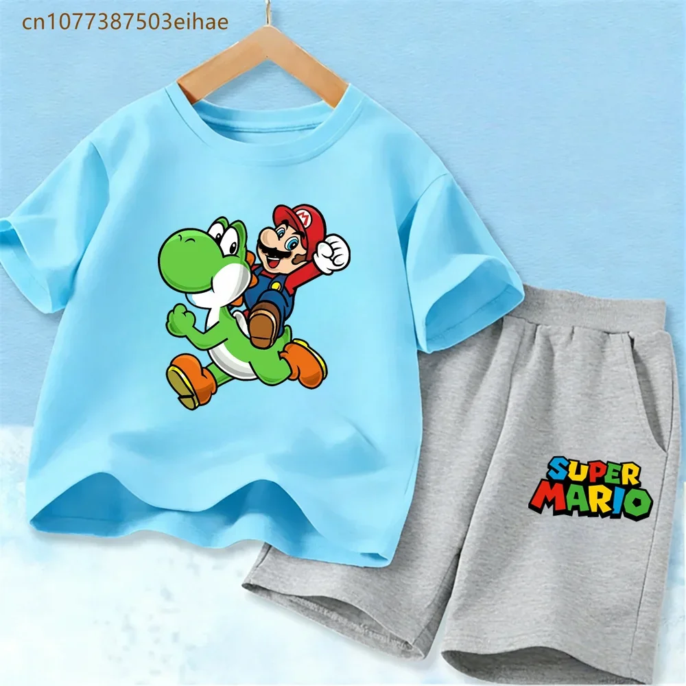 슈퍼 마리오 프린트 키즈 트레이닝복 세트 면 반팔 티셔츠 & 루즈핏 반바지 2종 캐주얼 의상 (남아, 여아 3-12세)