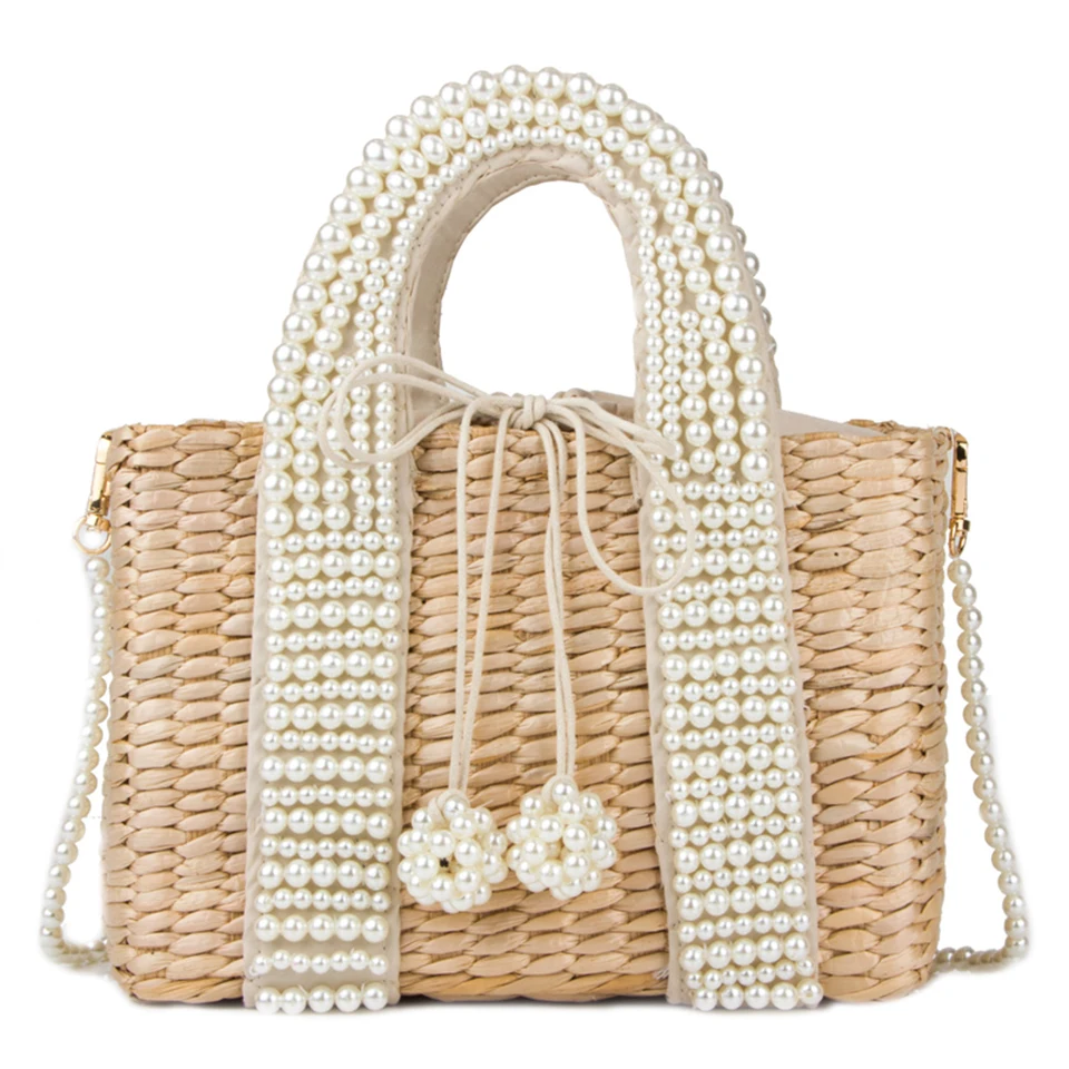 Summer Pearl Hand-woven Straw Bag Bohemian Travel Turf Grass Woven Bag Portable Diagonal Dual-use Bag Bow Decoration Female Bag 