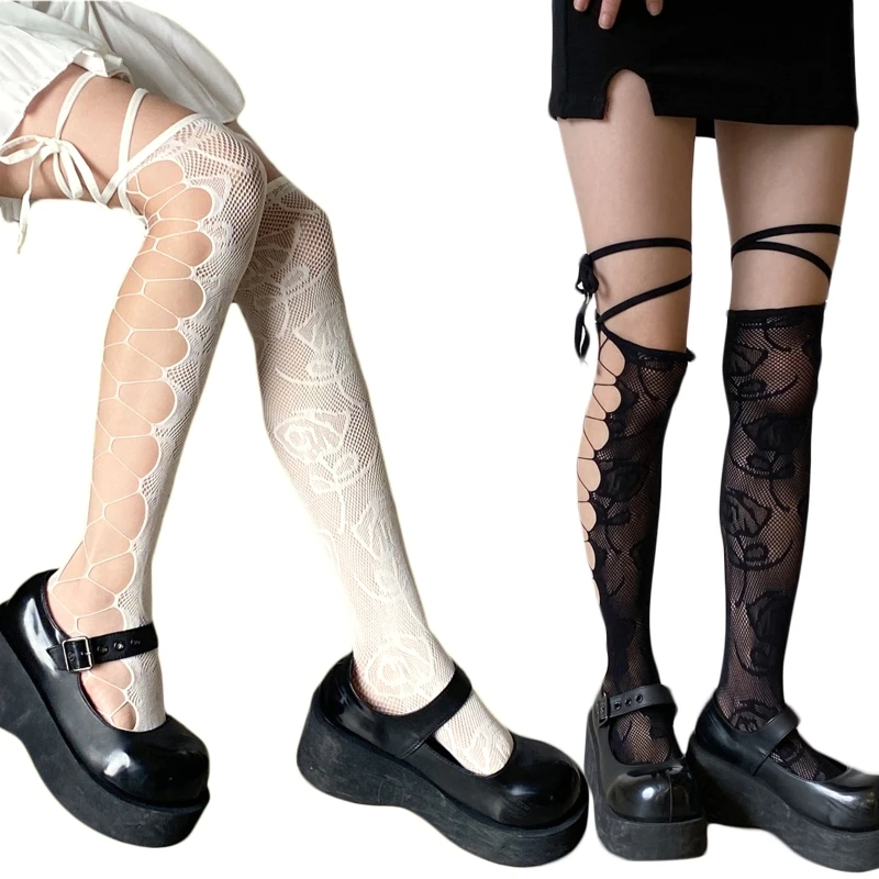 

Japanese for Cross Ribbon Bowknot Calf Socks Summer Thin Women Sexy Hollow Fishnet Over Knee Long Stockings Clubwe