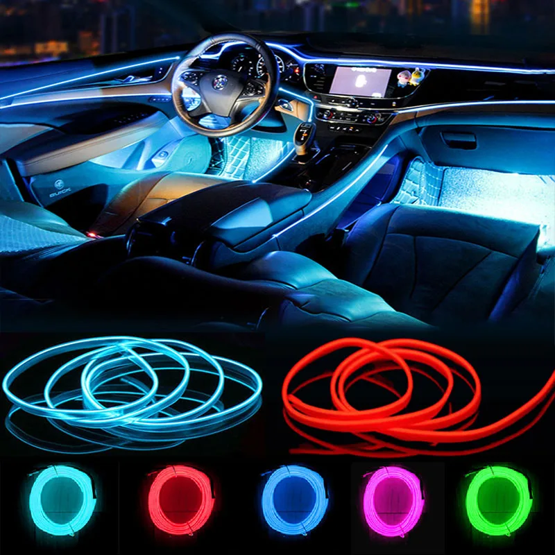 네온 LED 자동차 인테리어 장식 램프 스트립, DIY 장식 대시 보드 콘솔용 USB 드라이브, 주변 조명 차가운 조명, 1m, 3m, 5m 
