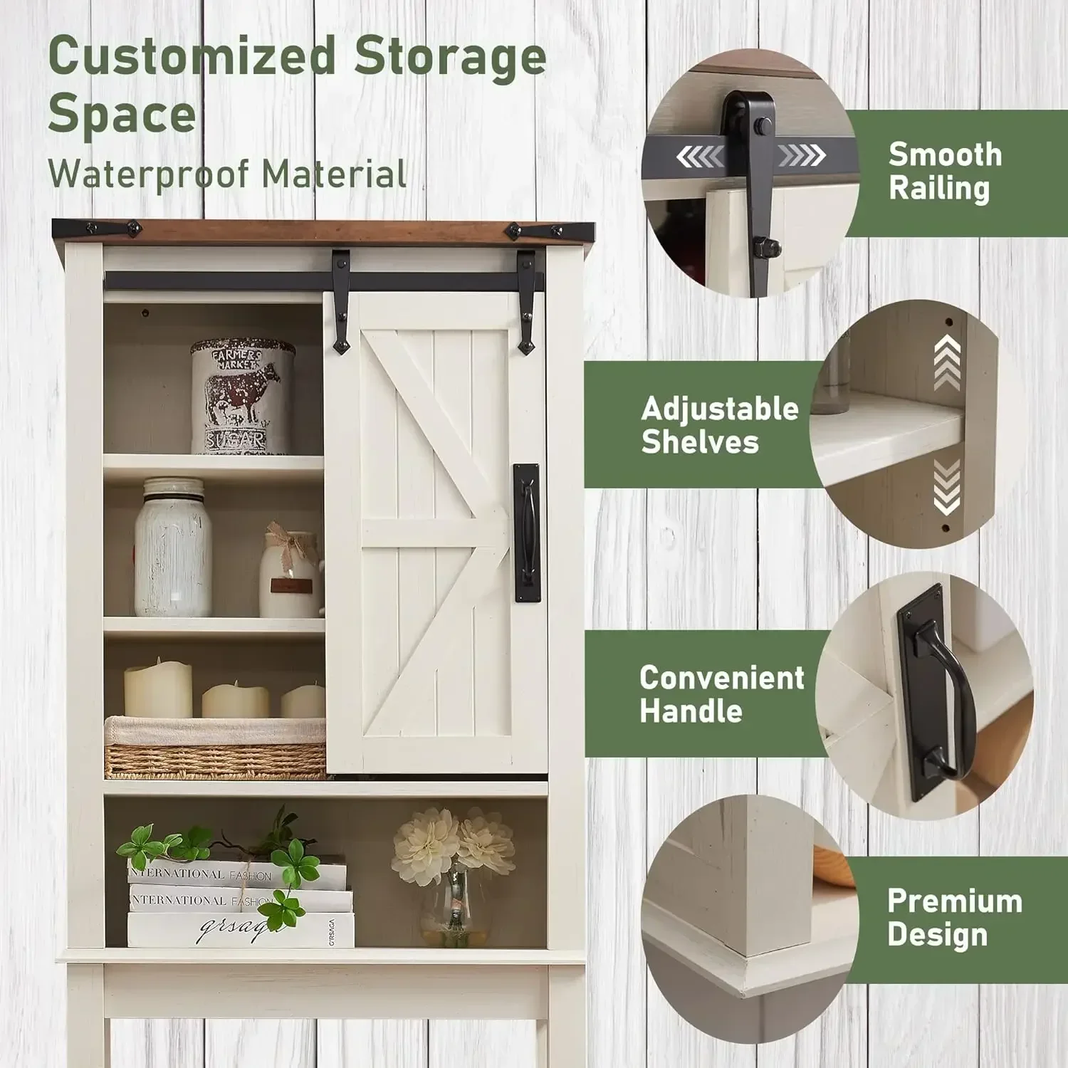Toilet Storage Cabinet, Farmhouse Storage Cabinet Over Toilet with Sliding Barn Door & Adjustable Shelves,Living Room,White 5