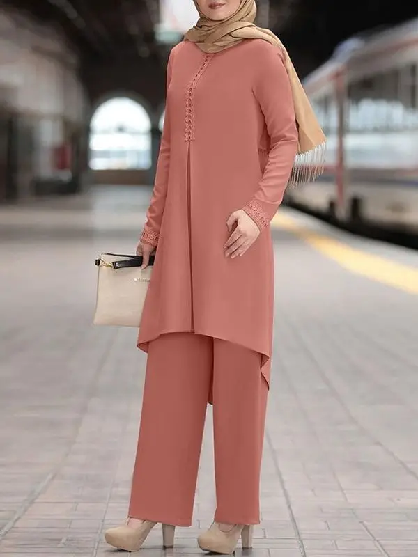Muslim Fashion Women's Wear Spring and Autumn New Solid Color Long Sleeve Lace Placket round Neck Top and Trousers Suit