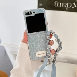 Wrist Strap Cowboy Leather Shockproof Protective Phone Case for Samsung Galaxy Z Flip 5 (Blue-A)