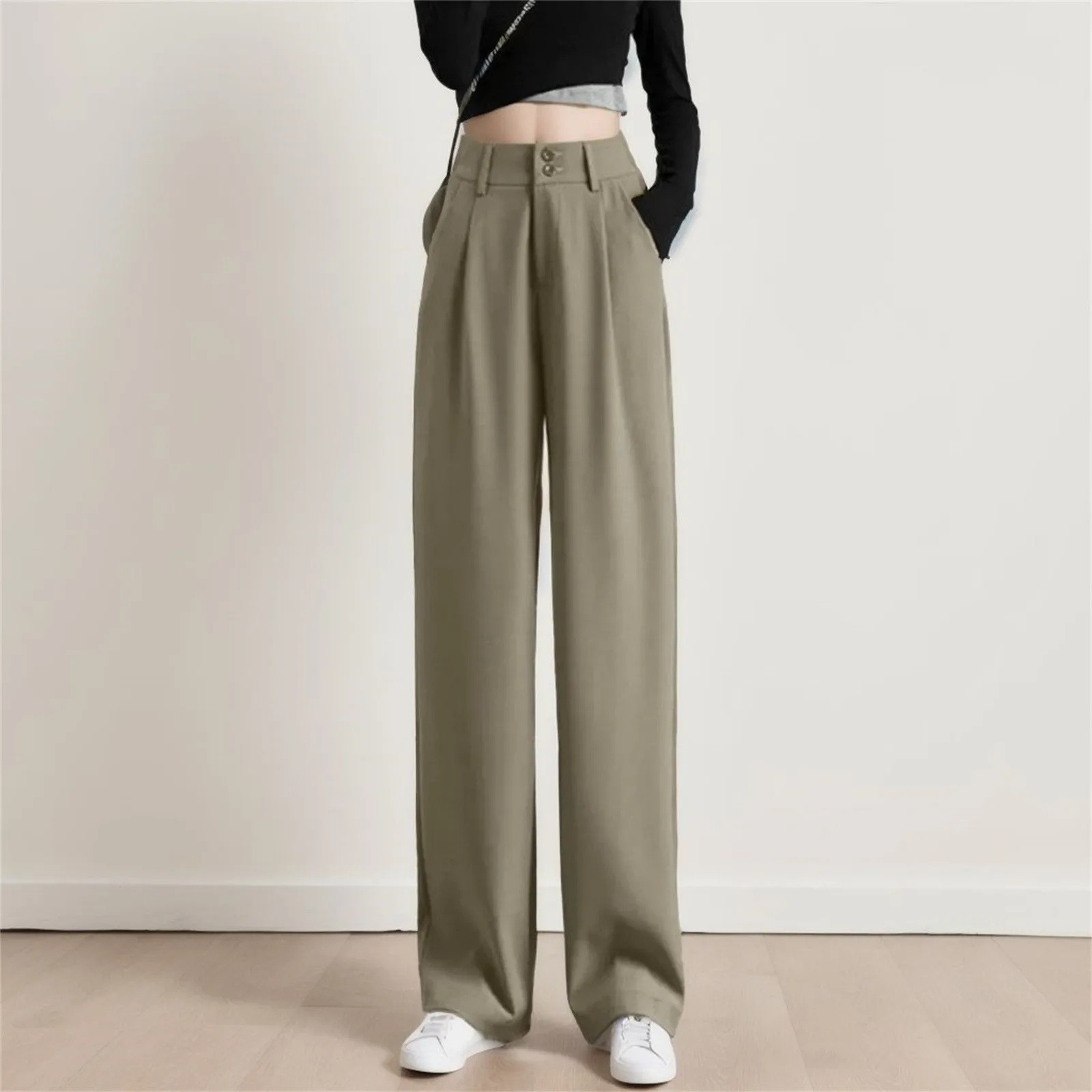 

Women's Office Business Work Long Suit Pants Button Up High Waist Draped Loose Wide Leg Straight Trousers 2024 Pantalones Mujer