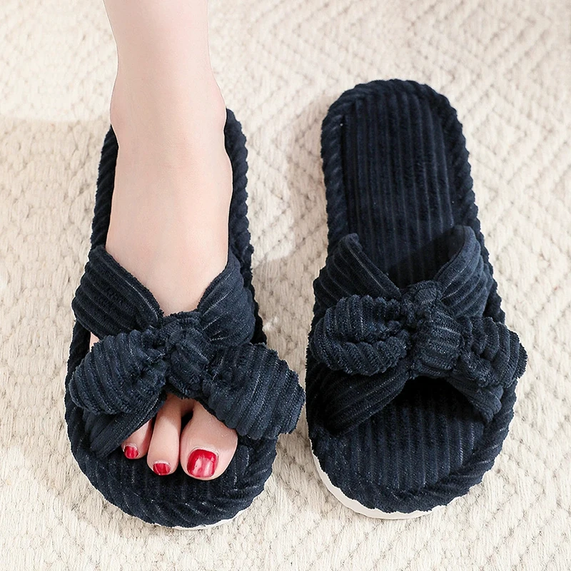 Sweet Bowknot Corduroy Women's Home Slippers Flat Heel Living Room Shoes Women Autumn Winter 2025 Open Toe Indoor Slippers Woman