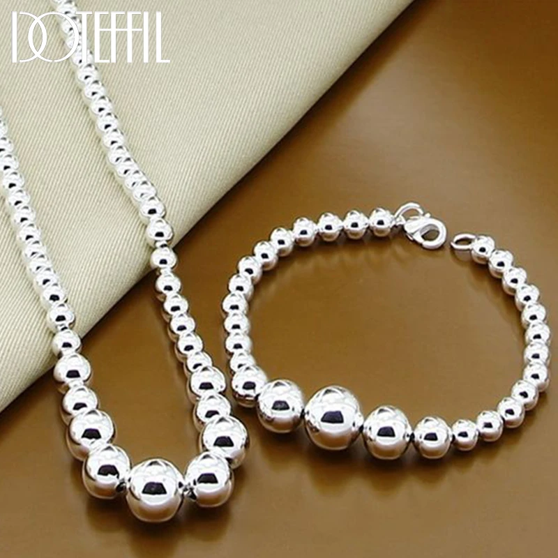 925 Sterling Silver Smooth Bead Ball Chain Bracelet Necklace Set for Women Man Fashion Wedding