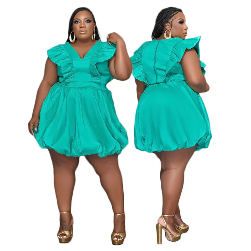 Plus Size Curvy Woman Dress V Neck Fashion Elegant Club Outfit Casual Luxury Puff Sleeve Gowns 2023 Spring Evening Party Dress