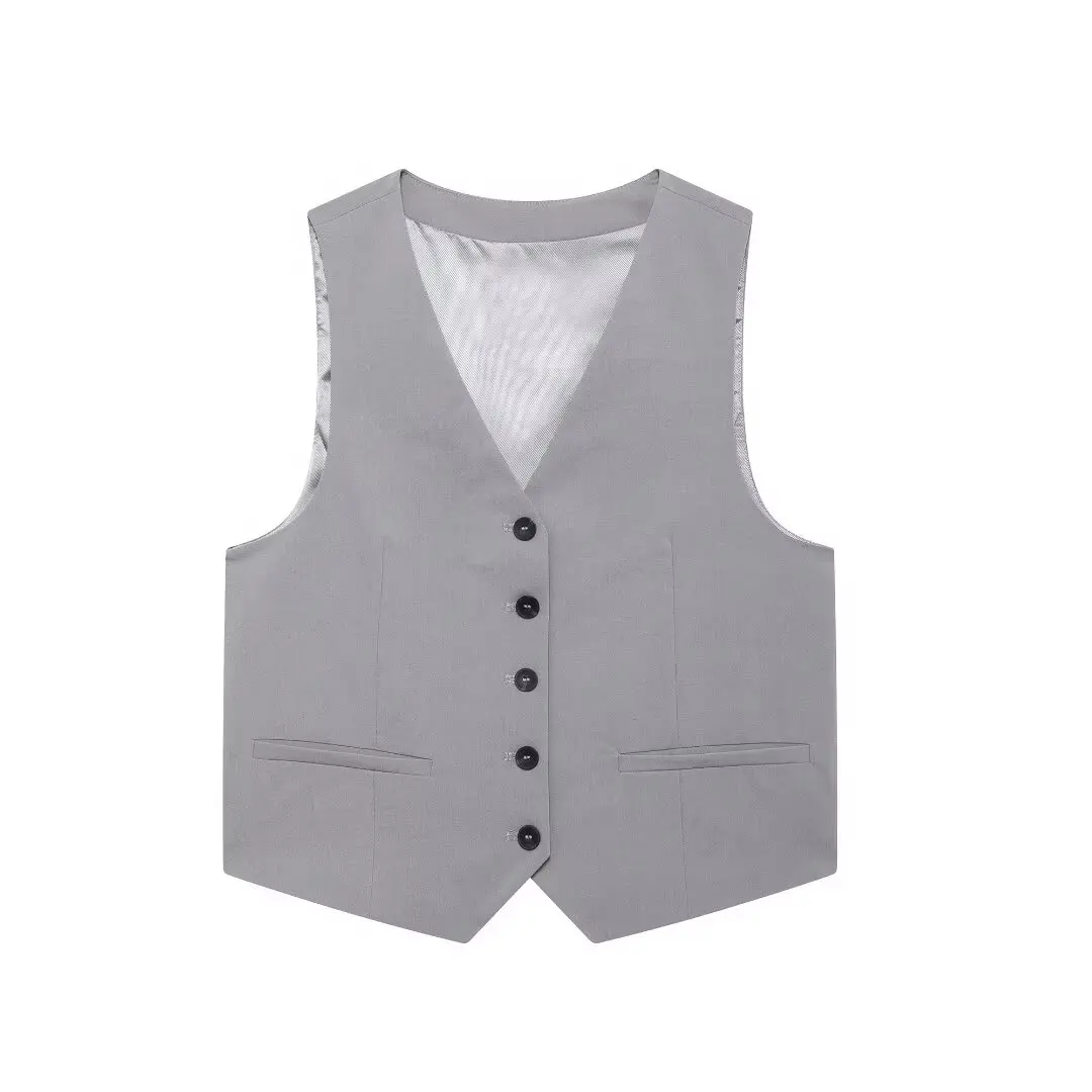 thumbnail image 1 of HH TRAF 2024 Camiseta sin mangas de verano para mujer, estilo urbano, con cuello en V, sin mangas, con bolsillos y una botonadura, en 3 colores, 1 of 4