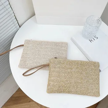 Boho elegante borsa in paglia pochette da spiaggia pochette da spiaggia da donna in tessuto tinta unita