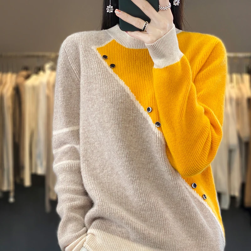 

Autumn and Winter Fashion Round Neck Panel Wool Knit Top Women's Half High Collar Contrast Color Sweater Youth Versatile Casual