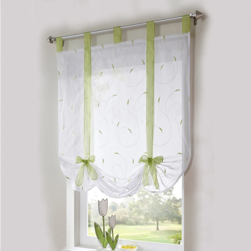

Roman Curtains Luxury Ribbon Short Transparent Tulle European Embroidery Style Lace-up Curtain Living Room Kitchen