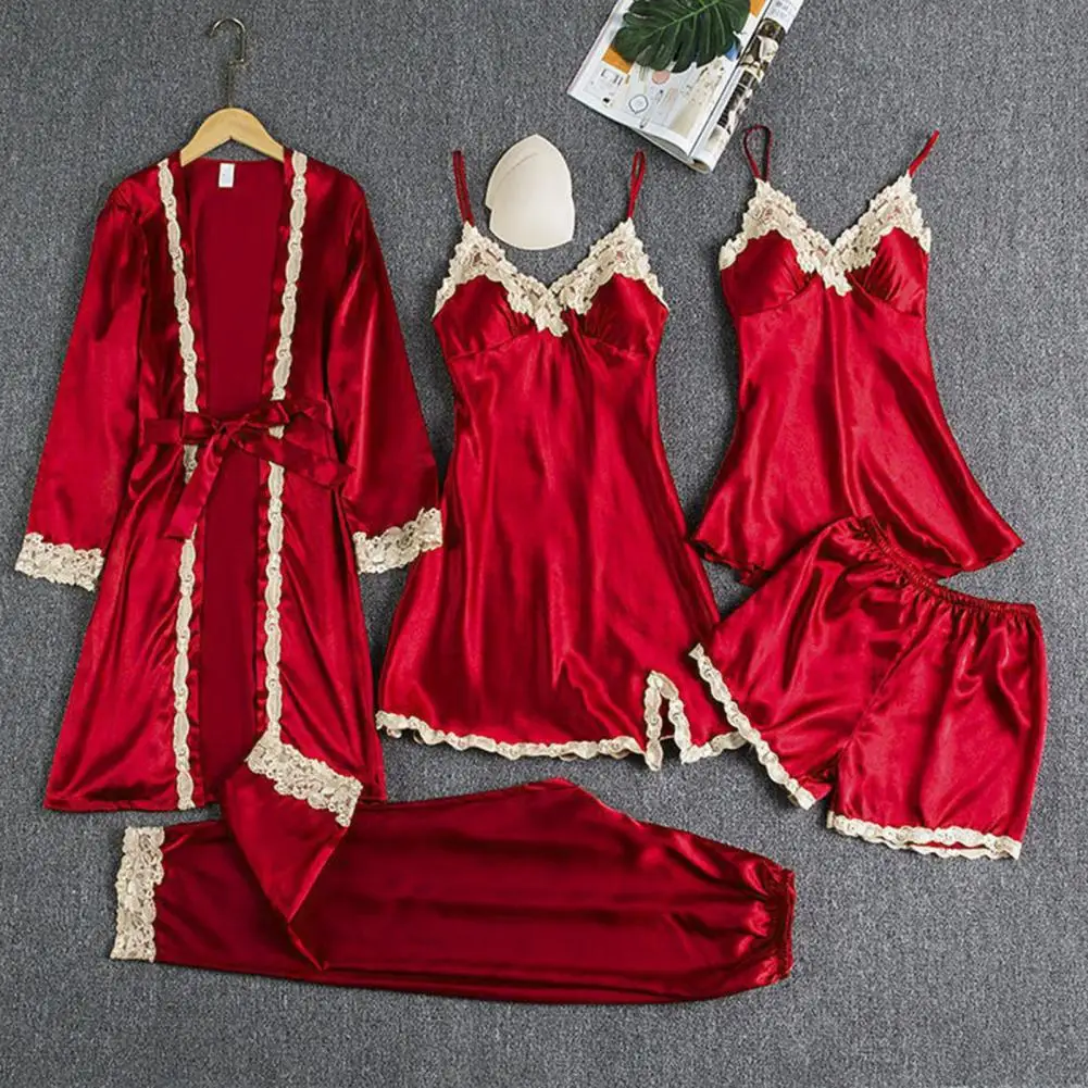 Silk-like Pajama Set Elegant Satin Lace Pajama Set Lace-up Waist 5-piece sleepwear sets pajama sets for Women Silky for Comfortable