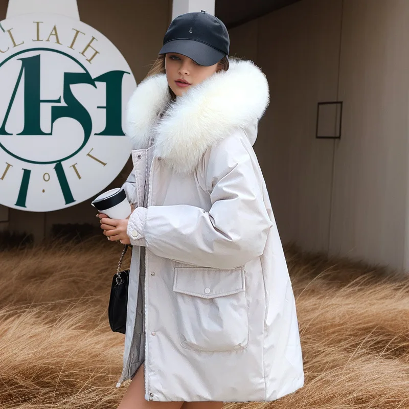 

Women Big Feather Collar cotton-padded Autumn Winter Jacket Hooded Parka