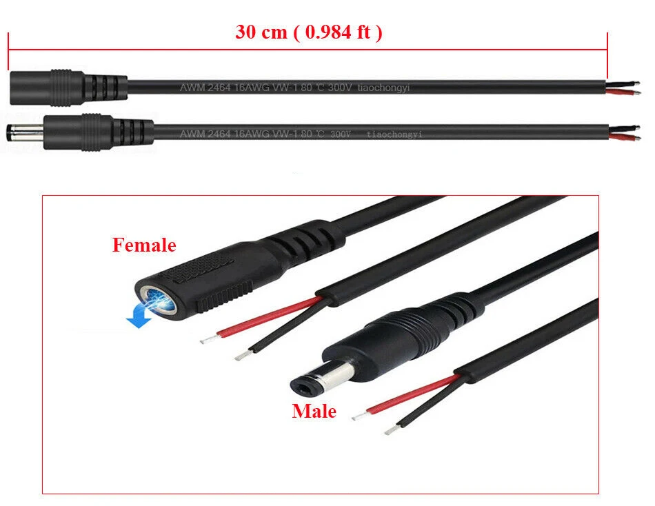 Description Picture 3 of item2Pin 14AWG 5.5X2.1mm / 5.5X2.5mm Female / Male DC Power Plug Connector Cable For 2835 5054 5050 LED Strip/led lamps