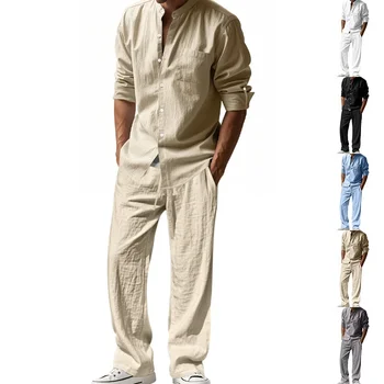 2025 Abito casual da uomo in lino quattro stagioni americano transfrontaliero Amazon Pantaloni larghi a maniche lunghe Camicia da uomo 1