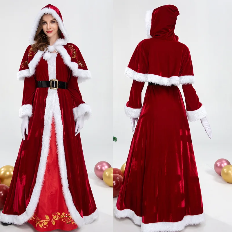 

Christmas Costume Santa Claus Suit Deluxe Cosplay Uniform Velvet Red Dress for Women Man Adult Role Play Xmas Party Set