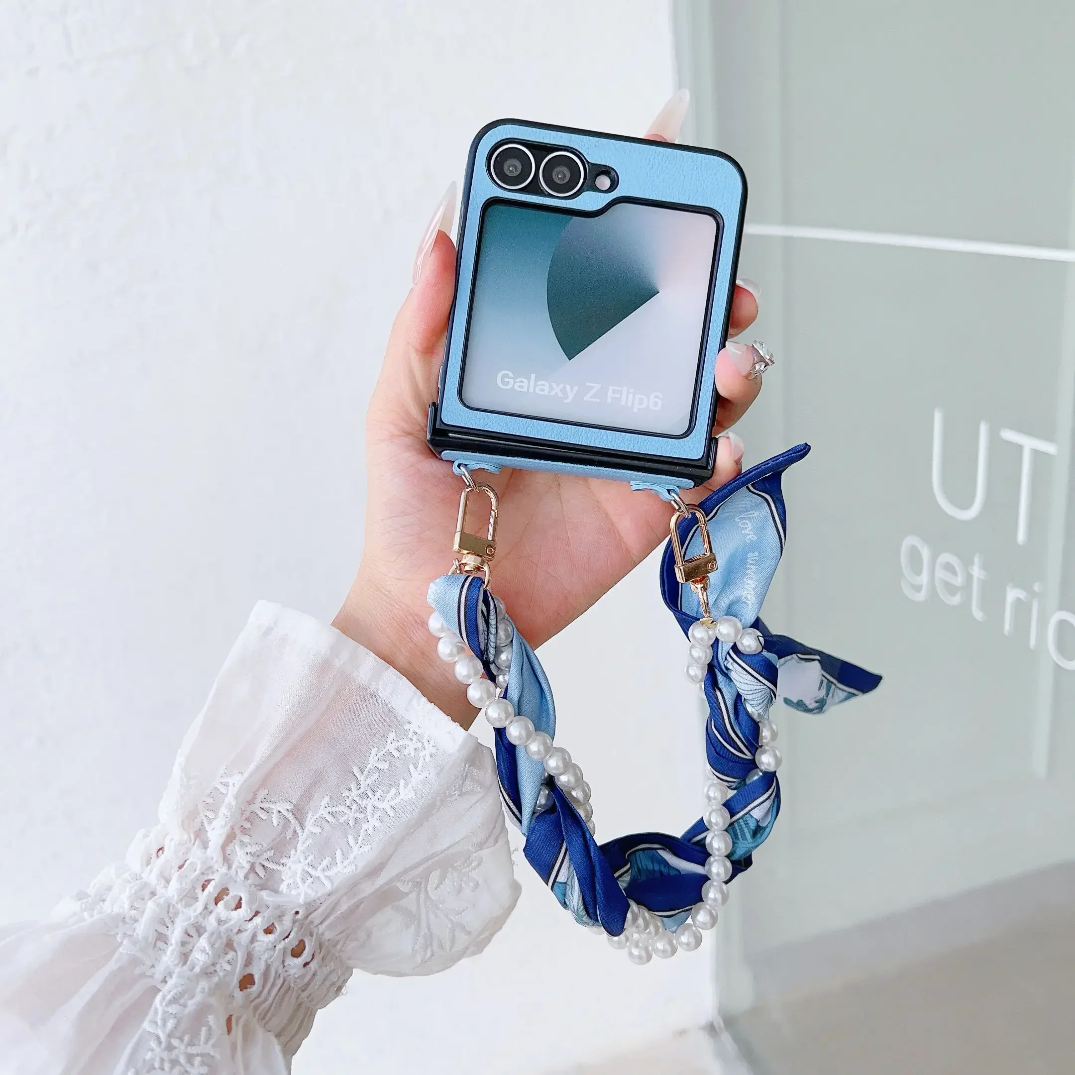 Elegant PU Leather Phone Case with Hinge Protection & Pearl Scarf Wrist Chain Strap Bracelet