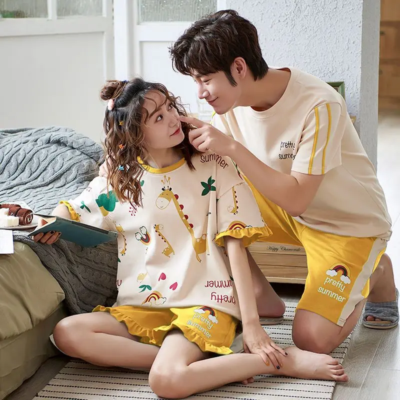 Couple Sleepwear Men Women Cotton Pajamas Set Short Sleeve Pullover Shorts Summer Pajamas Loungewear Loose Kawaii Clothes 2Pcs
