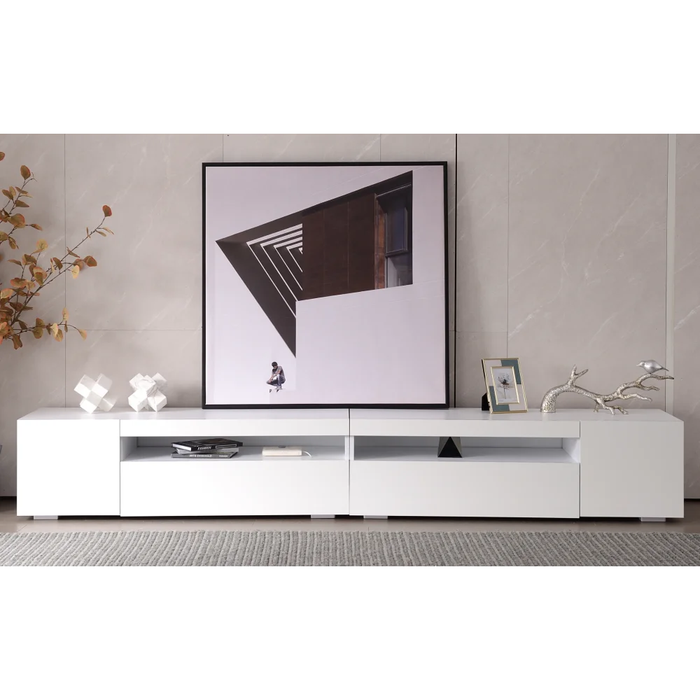PINGGO 240CM Weißer Moderner TV-Schrank mit Hellem Panel und Variabler LED-Beleuchtung für Wohn- und Esszimmer Hochglanz-Finish – Detail 11