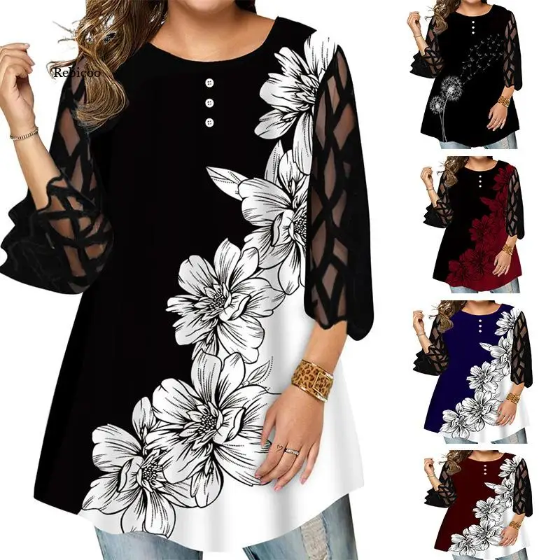 

6Xl Plus Size Shirts Women 3/4 Sleeve Buttons Tees Spring 2022 Female Loose Mesh Stitching Tops Ladies O Neck Shirt New