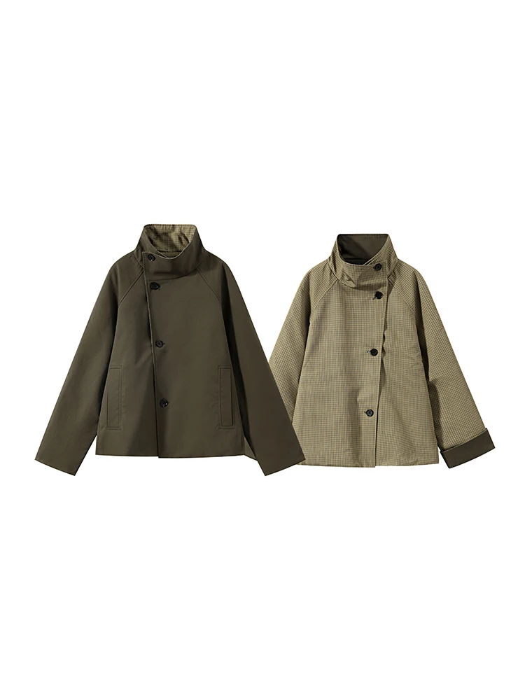 Veste réversible pour femme, col montant uni, élégante, à simple boutonnage, manches longues, à carreaux, nouvelle collection automne-hiver 2026.