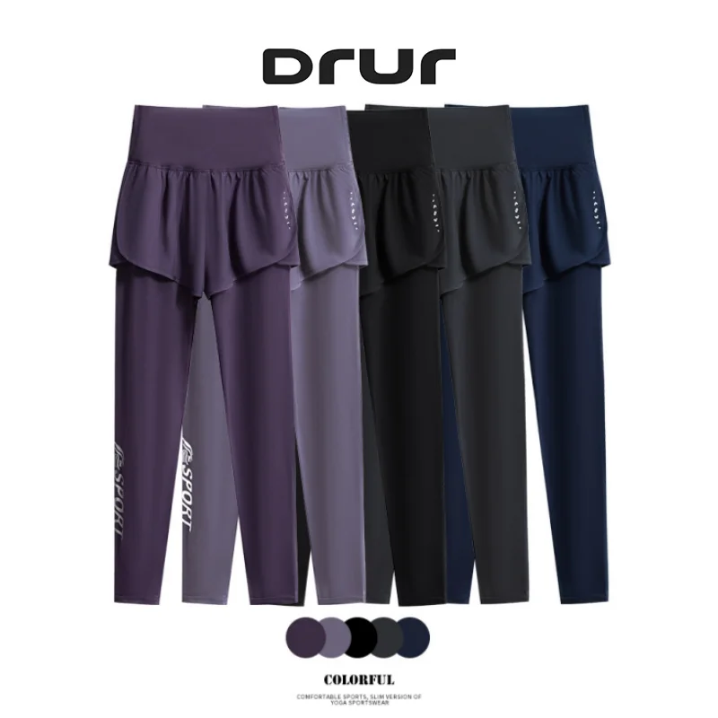 DRUR S-4XL سراويل اليوغا النسائية الجوارب الرياضية عالية الخصر ​ مع جيب وهمية قطعتين اليوغا طماق امرأة اللياقة البدنية السراويل اليوغا