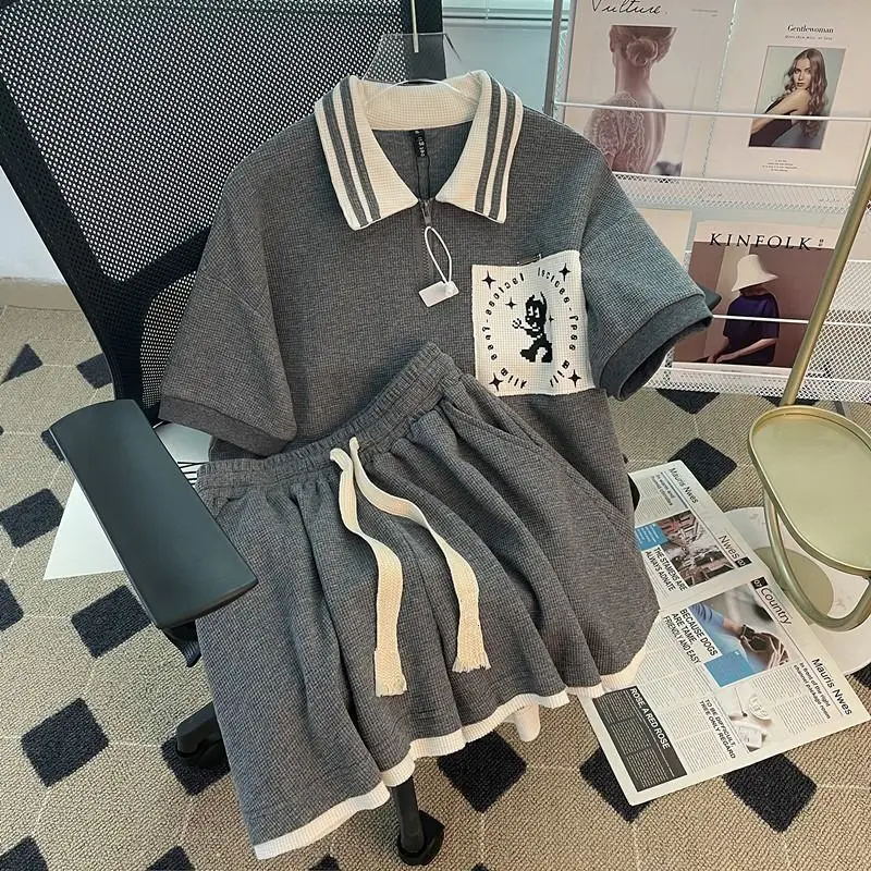 2023 Women Print Two Piece Sets Y2k Short Sleeve Tshirts + Shorts Set New Sports Style Casual Fashion Baggy Ladies Summer Suits
