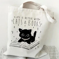 Life Is Better with Cats & Books Canvas Tote Bag Women Cute Cat Shopping Bags Student Literary Book Shoulder Bag Cartoon Handbag 1