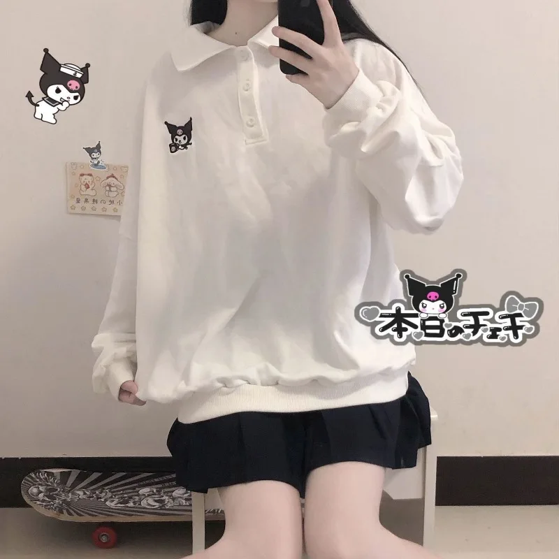 

Kuromi Sanrio Hello Kitty Cinnamoroll Cartoon Sweatshirt Polo Collar Girl Heart Cute Tops Padded and Thickened New Loose Jacket