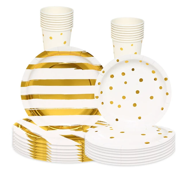 White Gold Paper Plates Cups and Napkins Party Supplies Striped