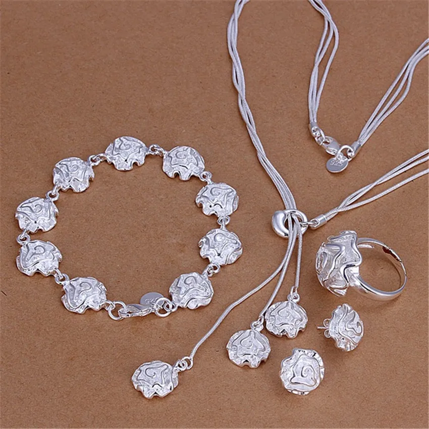 

Charm 925 Sterling Silver Rings Bracelets Necklaces Earrings Stud Jewelry Set for Women Pretty Rose Flower Fashion Party Gifts
