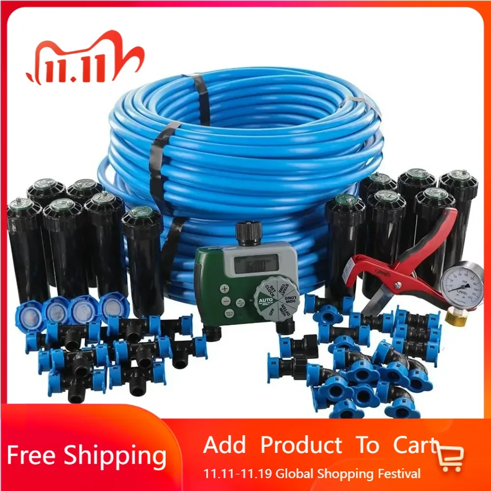 Sprinklers Irrigation Garden Watering System In-Ground Blu-Lock Tubing System and Digital Hose Faucet Timer 2-Zone Sprinkler Kit