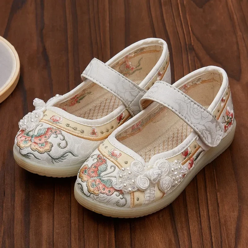 Kids Hanfu Shoes Sweet Embroidery Flower Girl Princess Shoes Fashion Chinese Ancient Style Children's Causal Flat Cloth Shoes 6