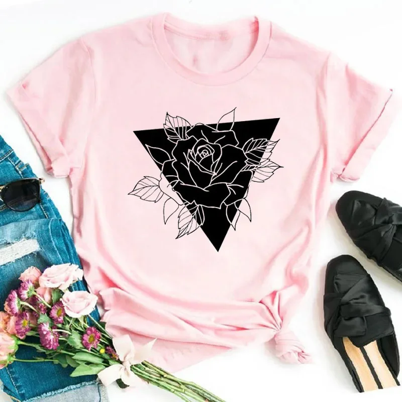 

Women's T Shirt Harajuku Casual Women's T-shirt Rose Geometric Women O-neck Top Street Women's Top Short Sleeve Tee