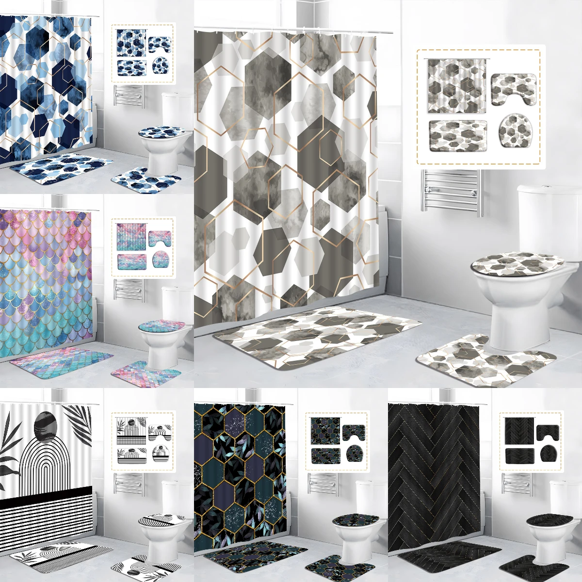 

4Pcs Geometric Shower Curtain Set Modern Mid Century Simple Colourful Scandinavian Abstract Elegant Bath Mats Bathroom Decor