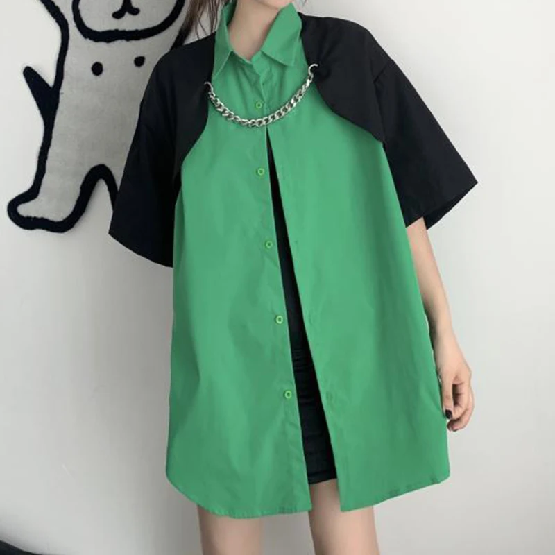 2023 Spring New Unisex Contrast Spliced Chain Fake Two Piece Short Sleeve Shirts  women tops  blusas mujer