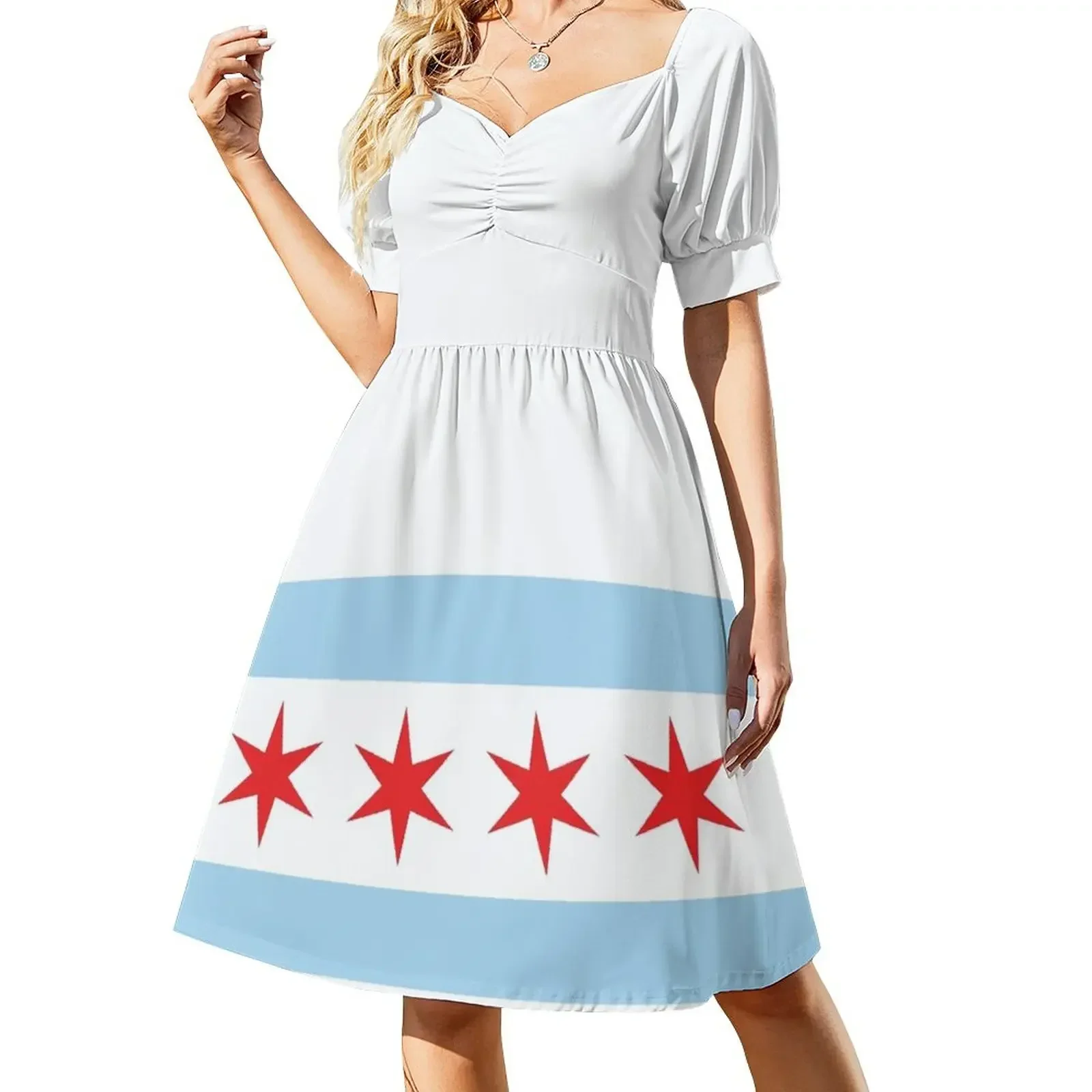 thumbnail image 1 of Vestido de manga corta con la bandera de Chicago, vestido de fiesta, vestidos de moda para mujer, ropa de vestir femenina, 1 of 7