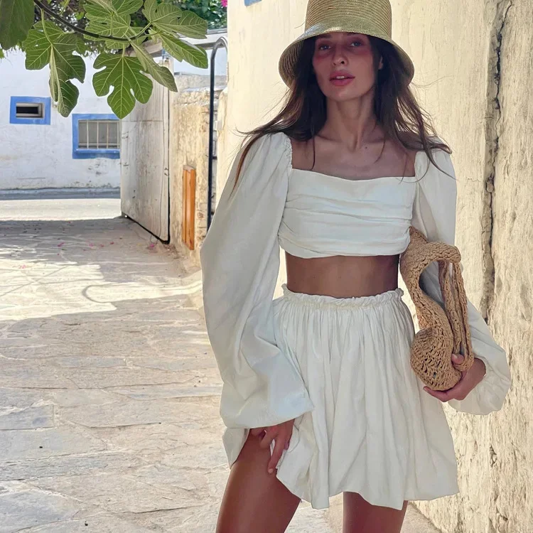 

Sexy Beige Linen Women Two Piece Outfits 2023 Fashion Puff Slve Crop Shirts With High Waist Mini Skirt Sets Female Holiday