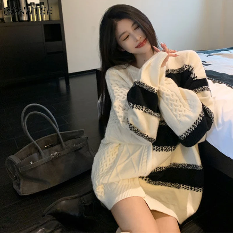 

Женский пуловер со вставками, винтажный Свободный Повседневный джемпер в стиле ленивого винтажного стиля с переплетенной тесьмой в новом дизайне для осени