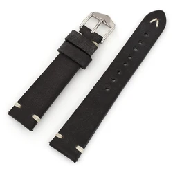 Elegant Vintage Genuine Leather Watch Strap - Handmade with Intricate Stitching in Brown, Coffee, Black, Gray, and Blue - 22mm (Black)
