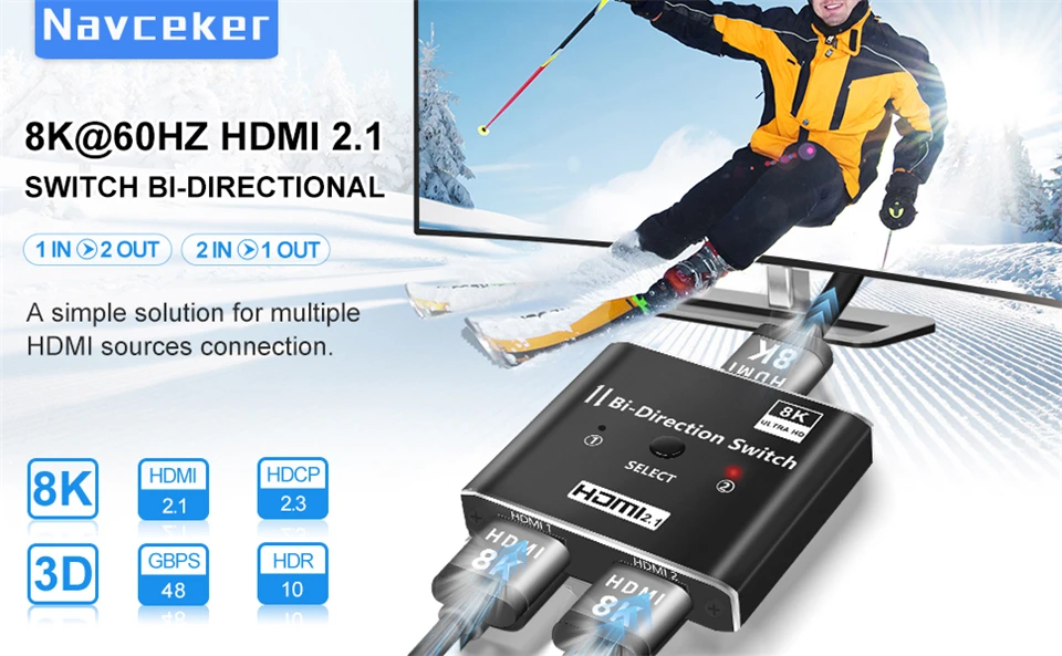 8K 60Hz Switch HDMI-compatible 2 Ports 4K 120Hz HD Bi-Direction Switcher 1x2 2x1