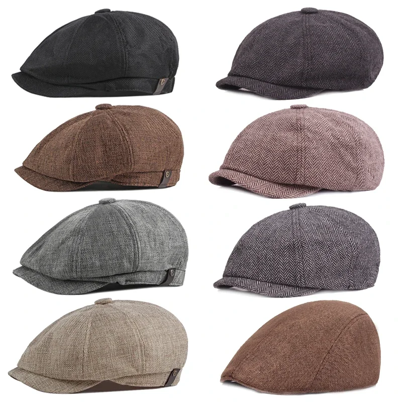 Beret Hat Men Retro Octagonal British Painters Autumn Winter Herringbone Flat Hip Hop