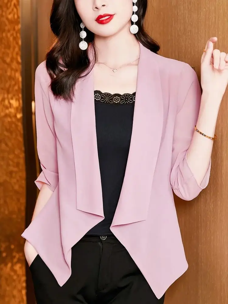 

Женский шифоновый кардиган с рукавом до локтя, элегантный однотонный тонкий кардиган неправильной формы с открытым стежком, рубашки для лета