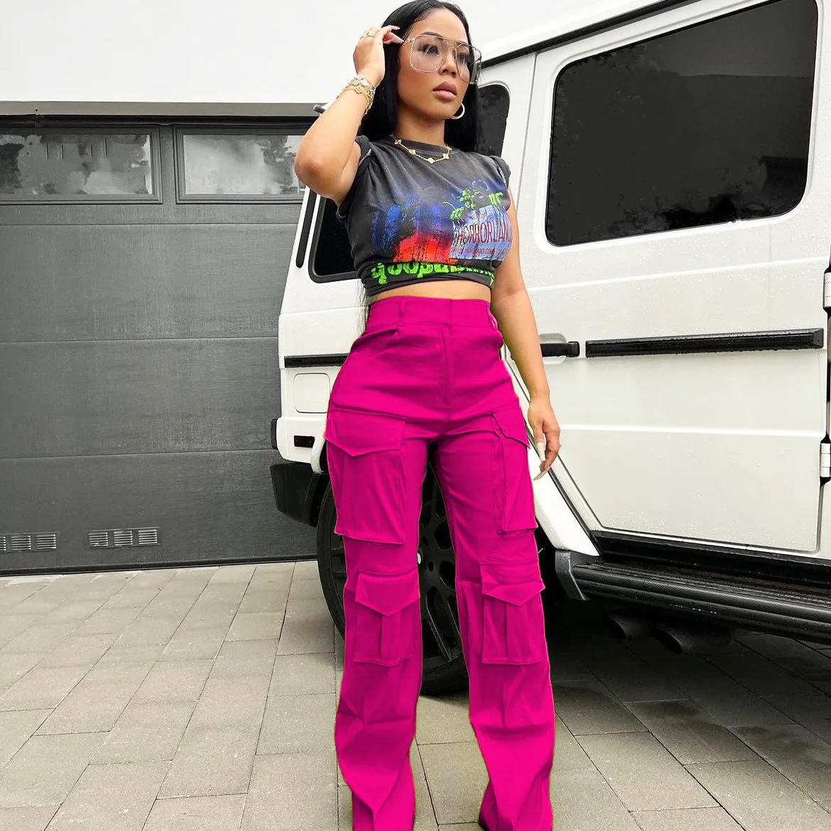 Casual Satin Pockets Cargo Pants Y2K High Waist Elegant Trousers 2023 Women Luxury Autumn Fashion Clothes Ladies Pink Sexy Pants