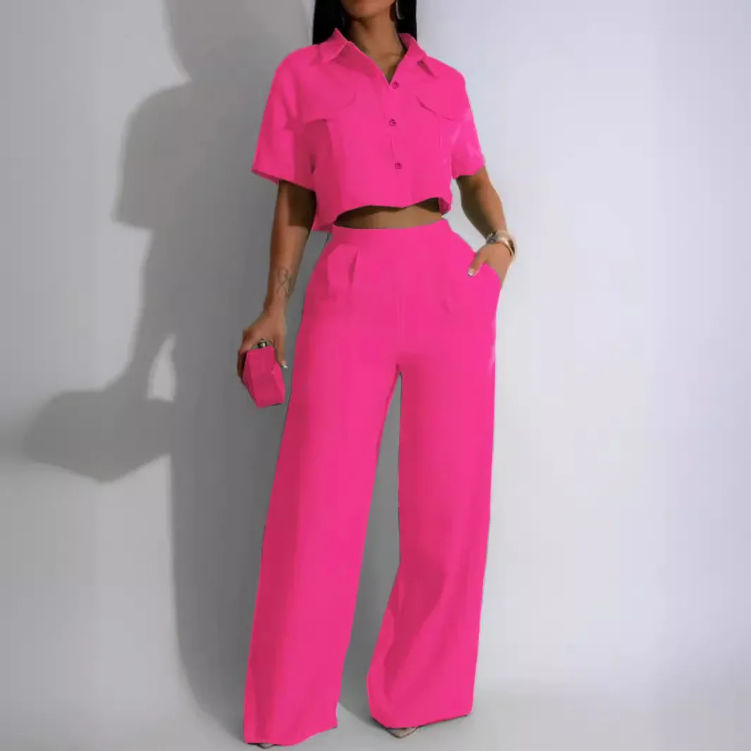 Two Piece Set Women Streetwear Fashion Fashion Elegant Polo Short Sleeve High Waist Wide Leg Pants Suit for Female 2024 Summer