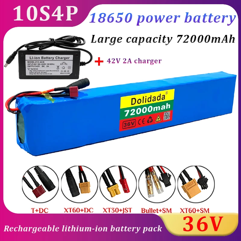

10S4P 36V 18650 Rechargeable Lithium Battery Pack Large Capacity 72Ah High Power600W Suitable for Electric Bicycles and Scooters