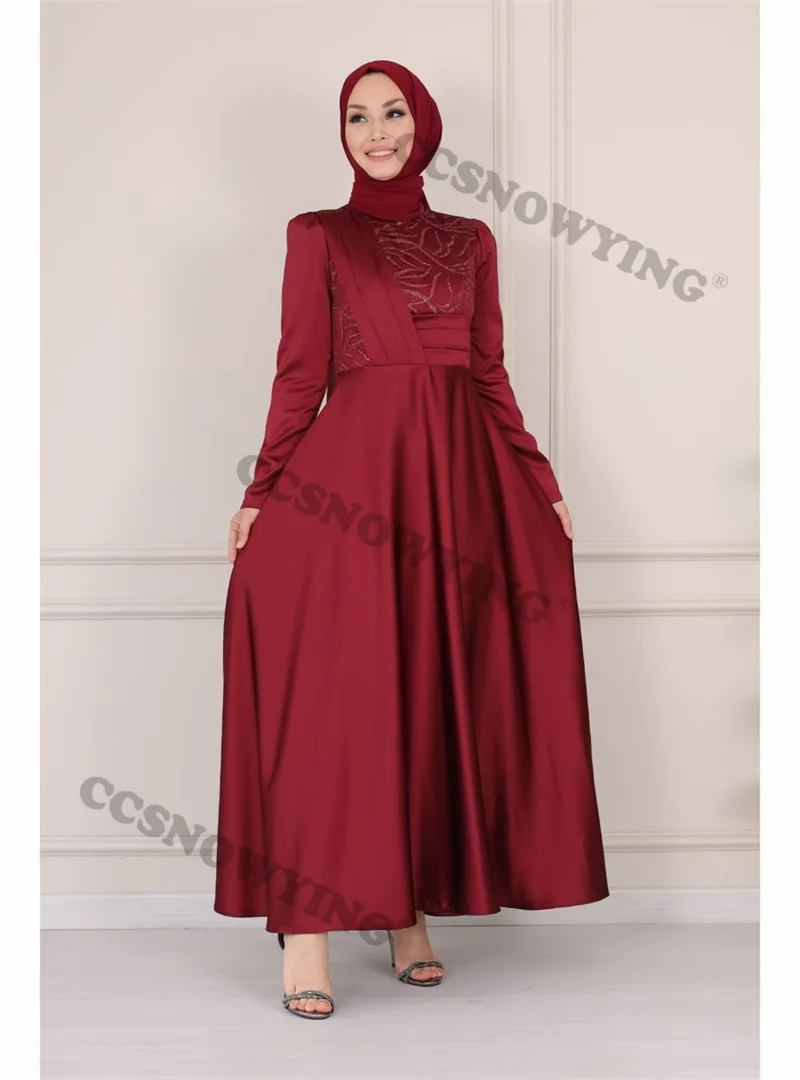 

Burgundy Long Sleeve Hijab Muslim Evening Dresses Islamic Satin Appliques Formal Party Gown Arabic Dubai Robes De Soirée