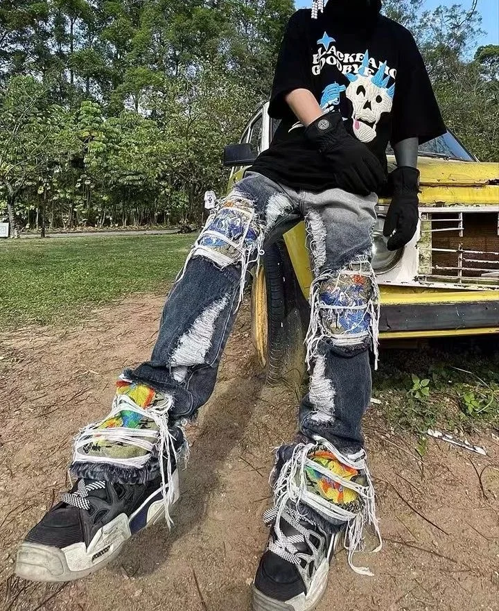 

Destruction Brushed Washed Heavy Industry Embroidered Loose Straight Leg Ripped Jeans Man Woman Bleached Dyed Pants Tide