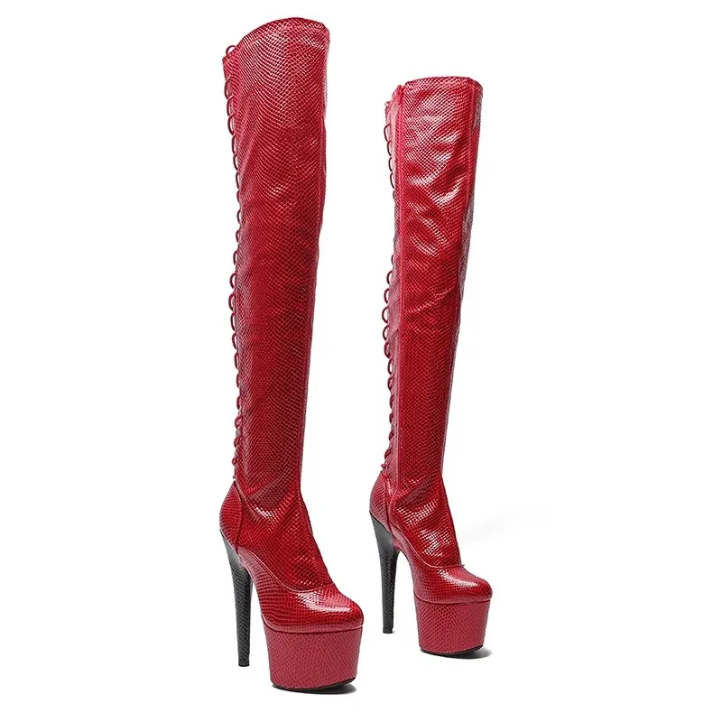 

LAIJIANJINXIA New Red PU Upper 17CM/7Inches Women's Platform Party High Heels Long Boots Pole Dance shoes 009