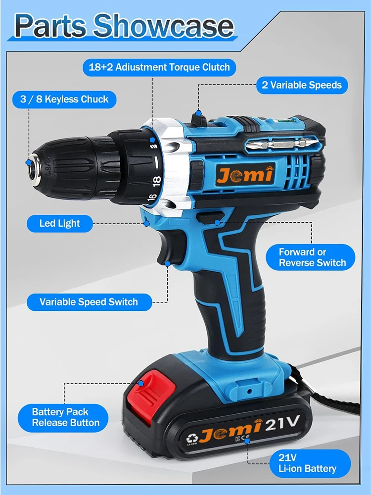 21V Cordless Drill Set, 23 Pieces Drill with 3/8" Keyless Chuck, 25 3 Clutch Drill with Work Light, Max Torque 45Nm, 2 Speeds 6